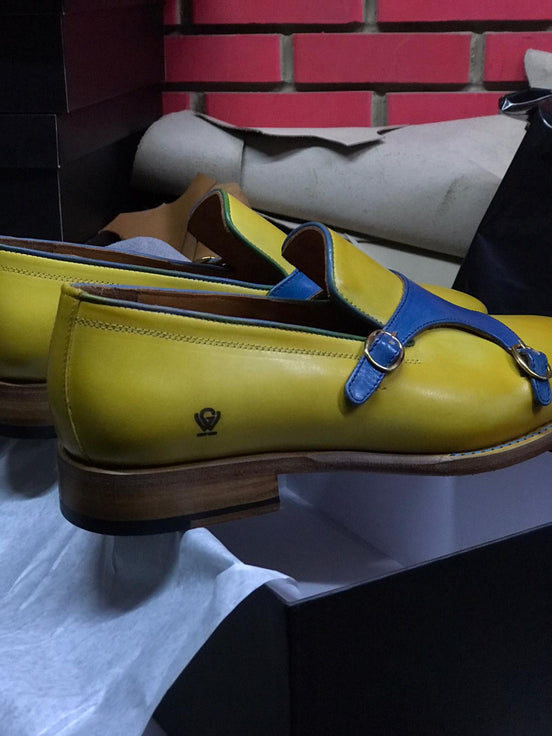Blue Yellow Double Monk Strap Shoes