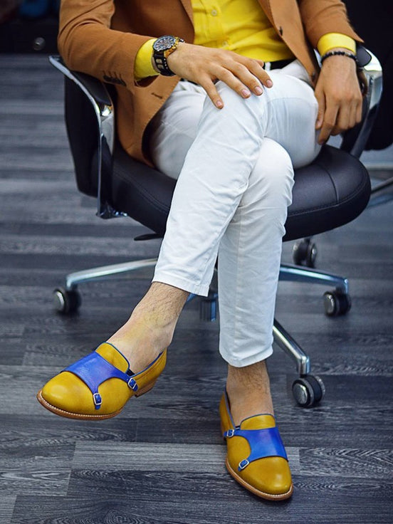 Blue Yellow Double Monk Strap Shoes