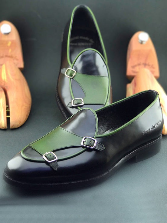 Green Black Double Monk Strap Shoes
