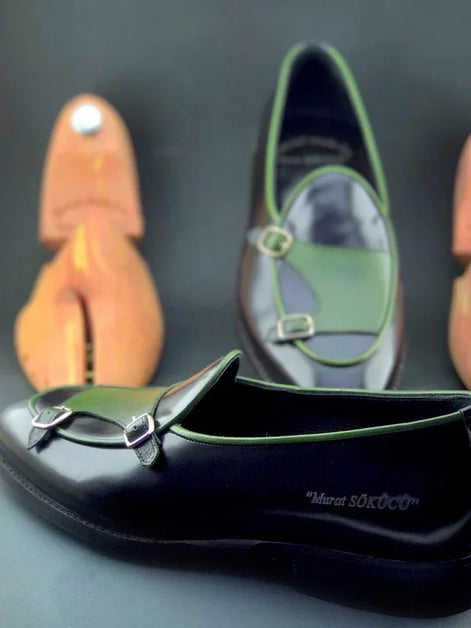 The Candace Green Black Double Monk Strap Shoes