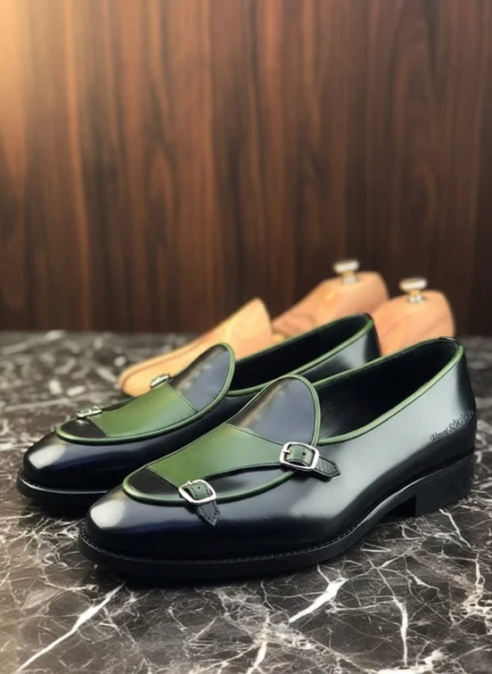 Green and black leather shoes