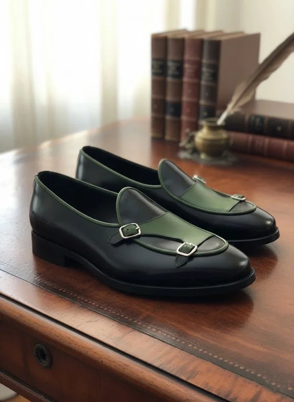 Green Black Double Monk Strap Shoes