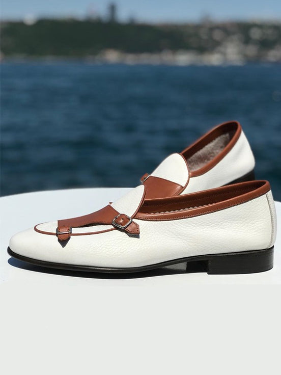 Brown White Double Monk Strap Shoes