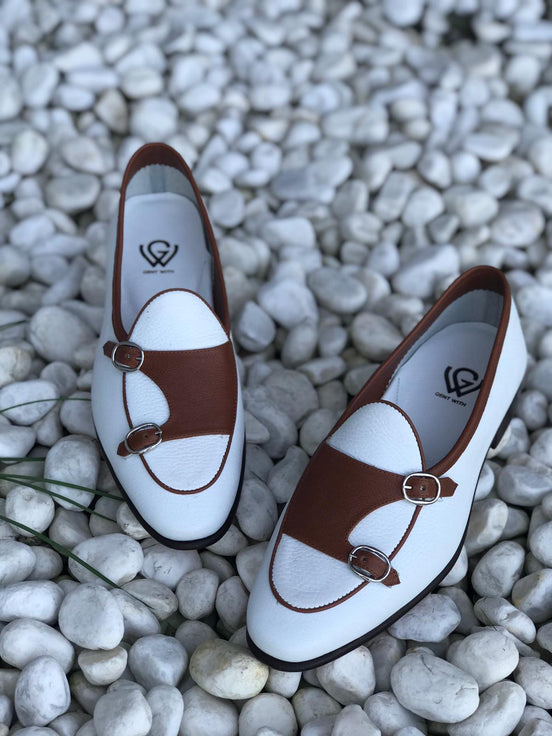 Brown White Double Monk Strap Shoes