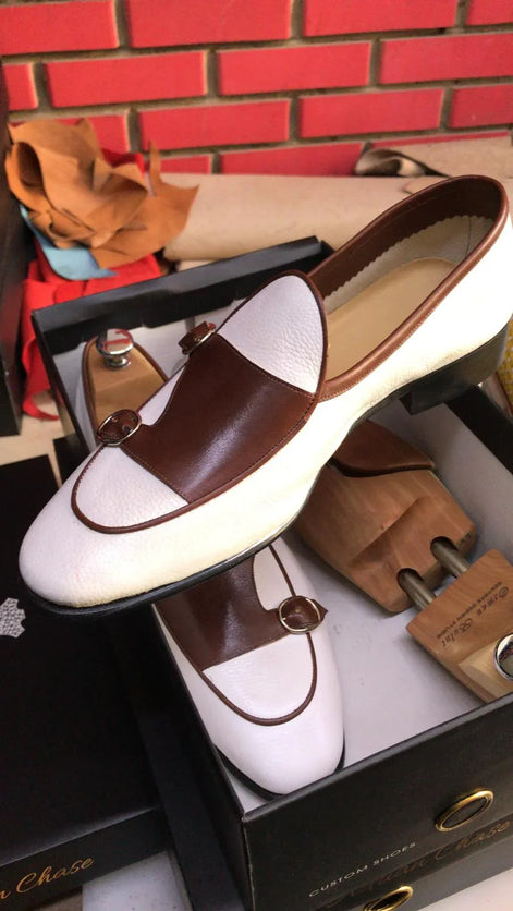 The Candace Brown White Double Monk Strap Shoes