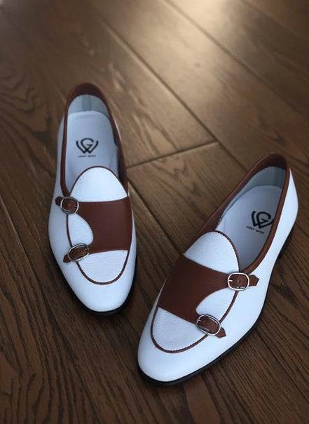 Brown White Double Monk Strap Shoes