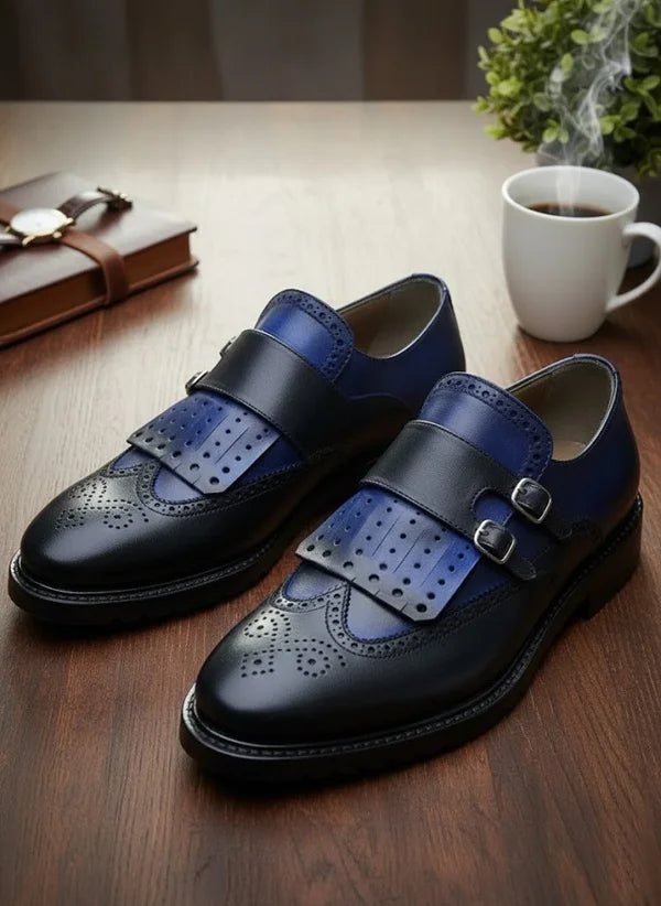 Blue Wing Tip Monk Strap Shoes