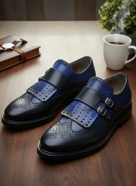 Blue Wing Tip Monk Strap Shoes