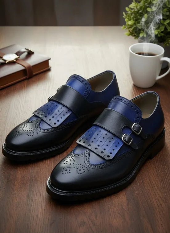 Blue Wing Tip Monk Strap Shoes