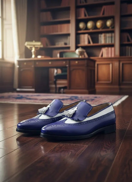 Blue loafers with white accents