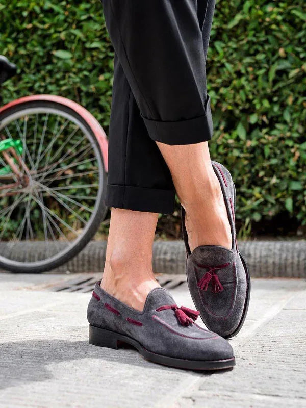 The Charis Suede Purple Gray Tassel Loafers