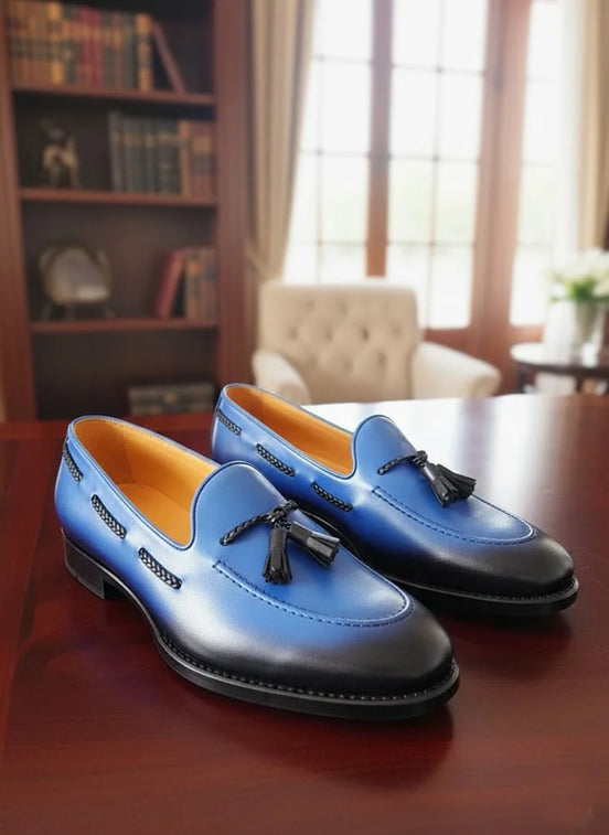 Blue and black loafers