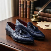 Navy Blue Leather Tassel Loafers
