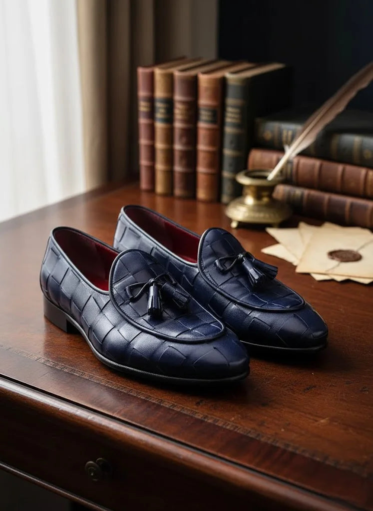 Navy Blue Leather Tassel Loafers