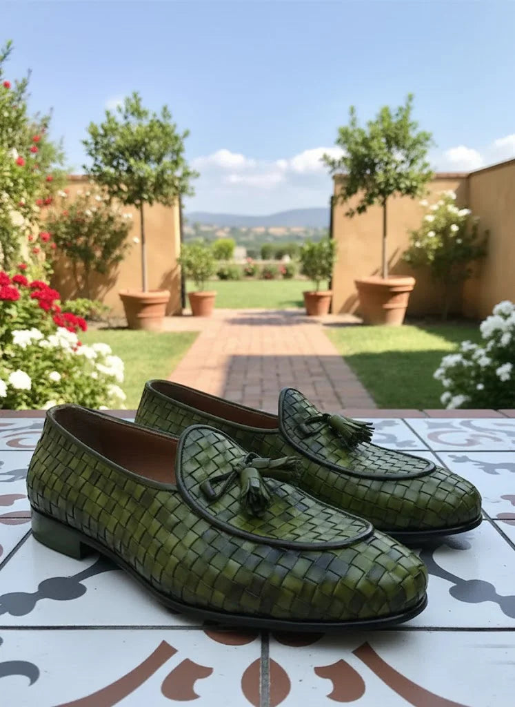 Green woven loafers
