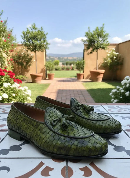 Green woven loafers