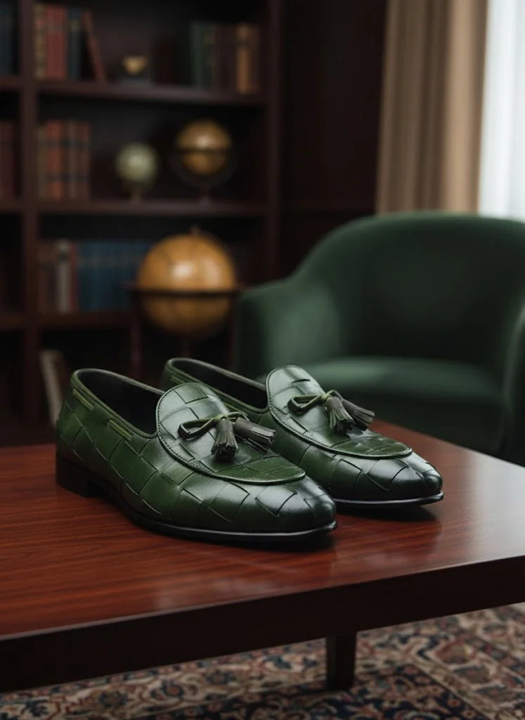 Green loafers with tassels