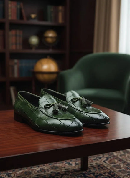 Green loafers with tassels