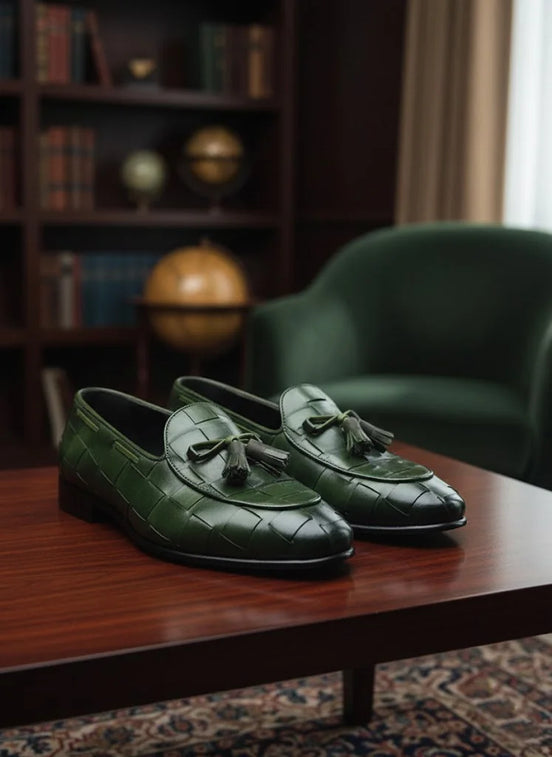Green loafers with tassels
