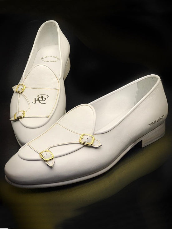 White Double Monk Strap Shoes