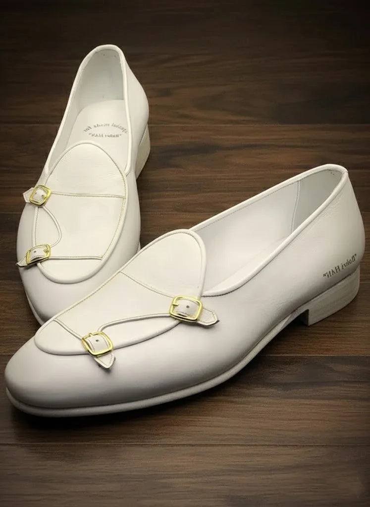 White Double Monk Strap Shoes