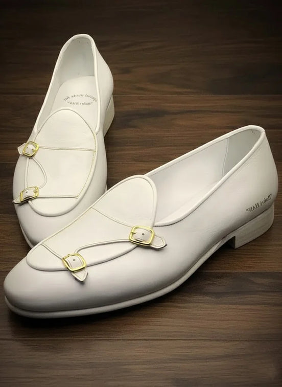 White Double Monk Strap Shoes