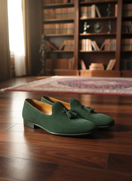 Green Leather Suede Tassel Loafers