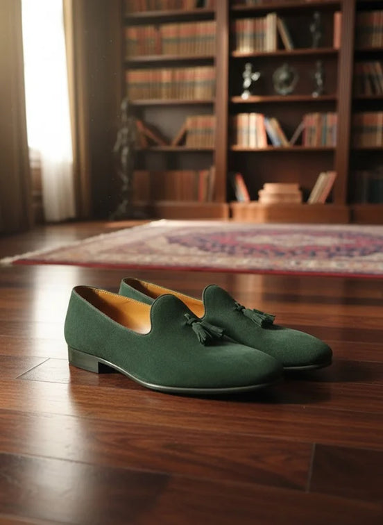 Green Leather Suede Tassel Loafers