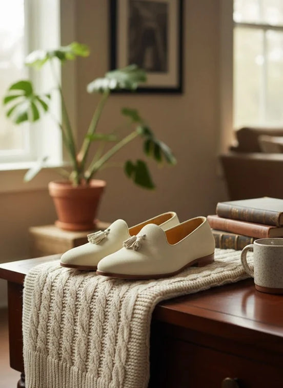 Off White Suede Tassel Loafers