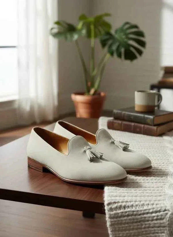 The Furtive Suede Tassel Loafer Off White