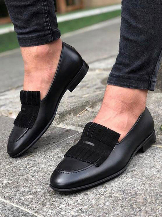 Black Genuine Leather Kilt Loafers