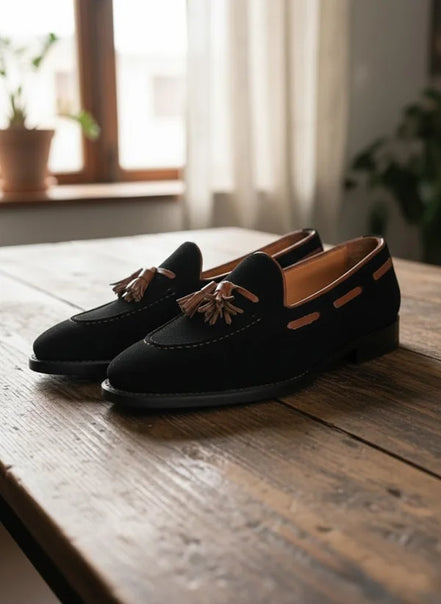 Black loafers with tassels