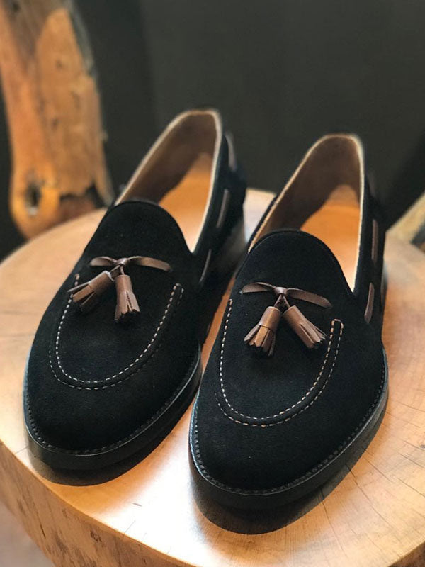 The Halcyon Black Suede Tassel Loafers