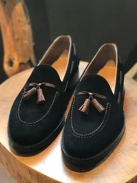 The Halcyon Black Suede Tassel Loafers