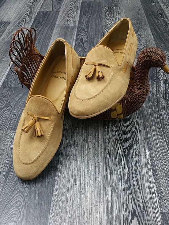 Camel Genuine Suede Leather Tassel Loafers