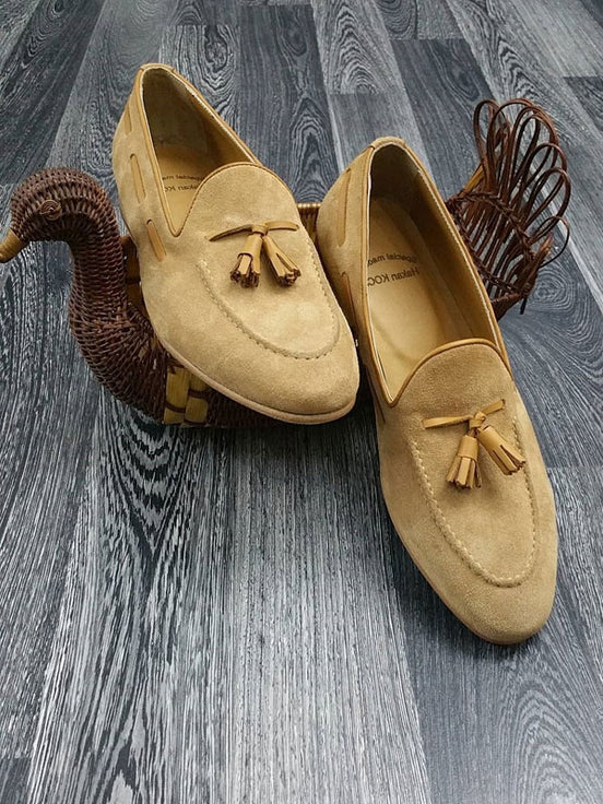Camel Genuine Suede Leather Tassel Loafers