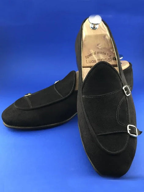 The Leah Suede Black Double Monk Strap Shoes