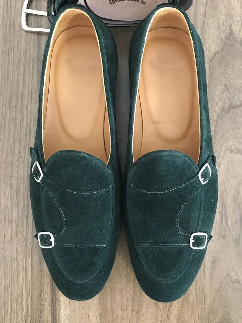 The Leah Suede Green Double Monk Strap Shoes