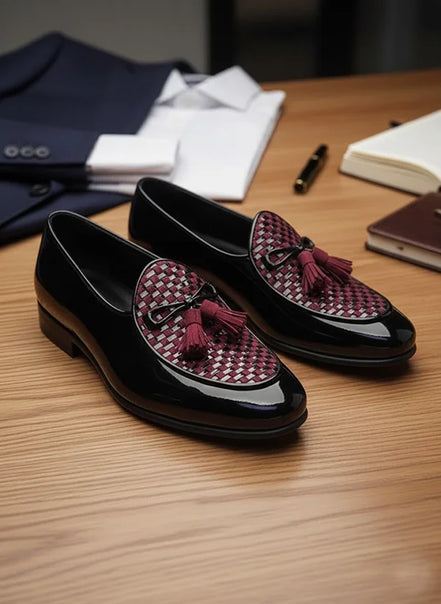 Burgundy Black Patent Tassel Loafers