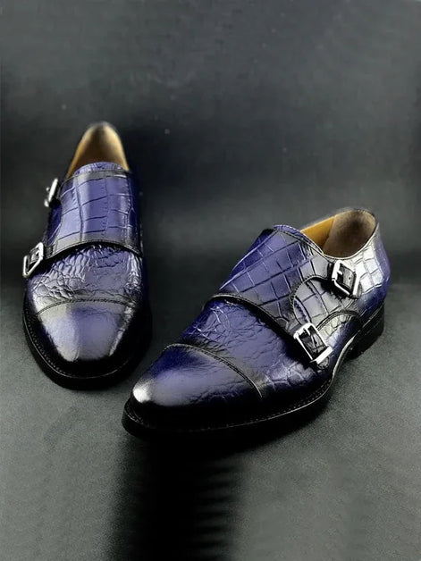 The Nunzia Cap Toe Navy Blue Double Monk Strap Shoes