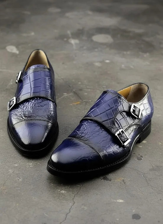 The Nunzia Cap Toe Navy Blue Double Monk Strap Shoes