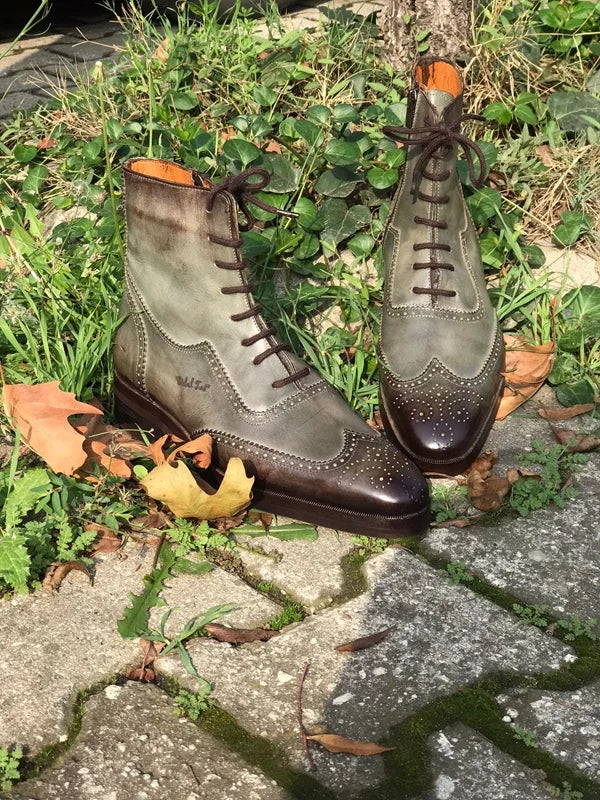 Gray Wing Tip Ankle Boots
