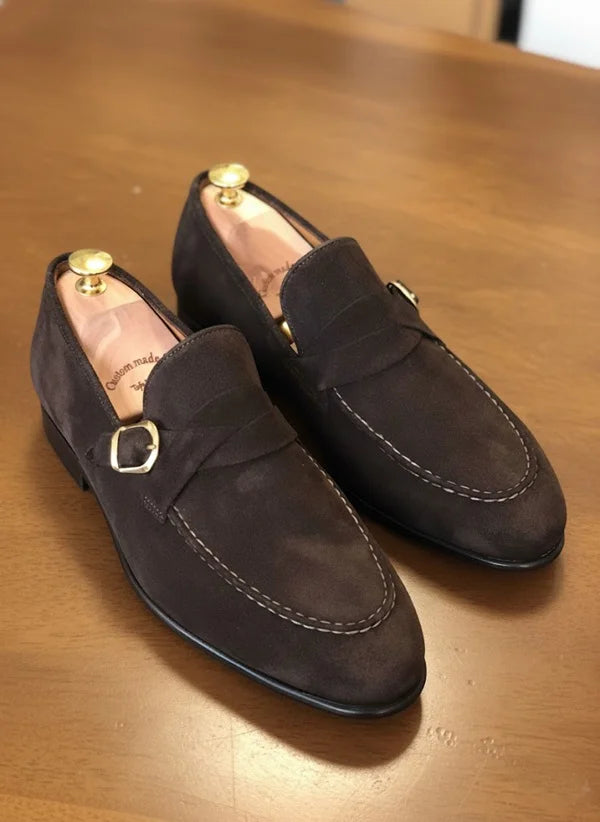Brown Suede Buckle Loafers