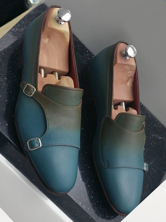 Azure Handmade Calf Leather Bespoke Monk Strap Loafer by Gentwith.com with Free Shipping