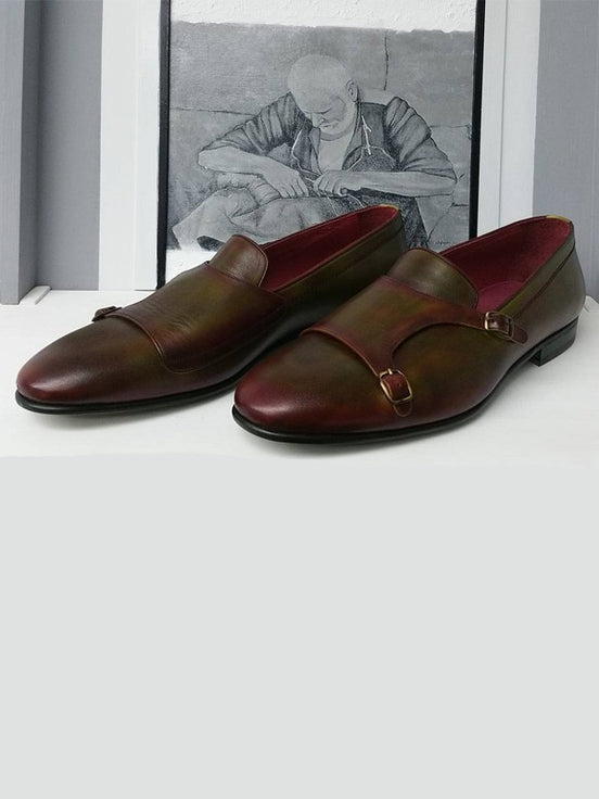 Burgundy Olive Double Monk Strap Shoes