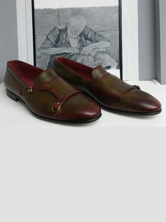 Burgundy Olive Double Monk Strap Shoes