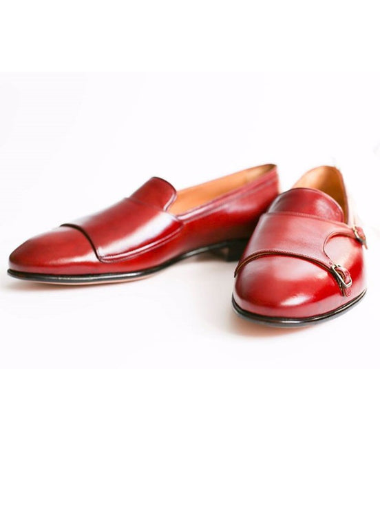 Red double monk strap shoes