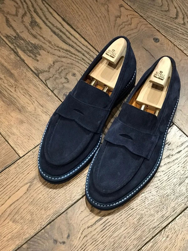Navy Blue Suede Penny Loafers