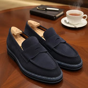 Navy Blue Suede Penny Loafers