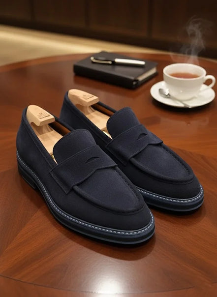 Navy Blue Suede Penny Loafers